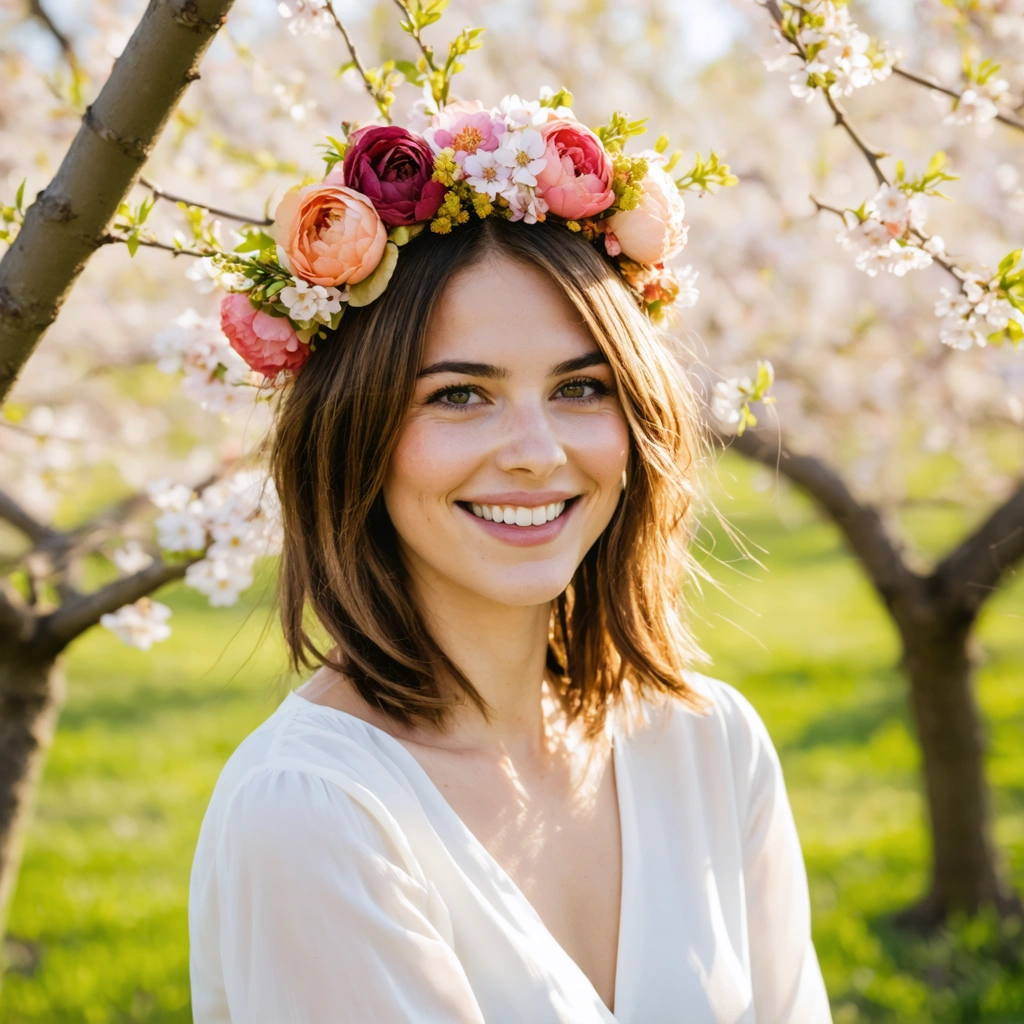 Femme souriante portant un bandeau fleuri dans ses cheveux, en extérieur au printemps, entourée de fleurs et habillée avec style.