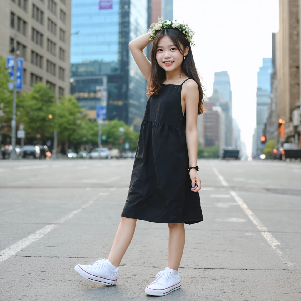 Jeune femme ajoutant un bandeau à fleurs à une tenue simple composée d'une robe noire et de baskets blanches, prête à sortir en ville avec une touche de style.