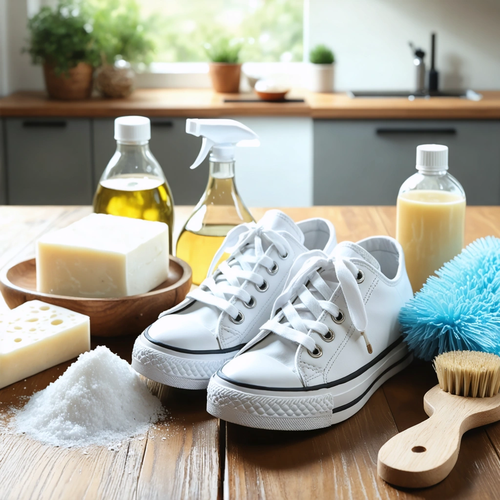 Baskets blanches propres posées sur une table entourées d'ingrédients de nettoyage maison, prêtes à porter.
