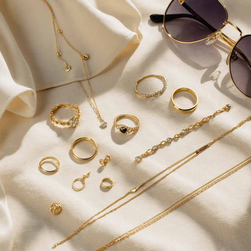 Bijoux fins dorés disposés sur une toile beige, comprenant des bracelets, colliers, bagues et accessoires cheveux mis en scène dans un style élégant et minimaliste.