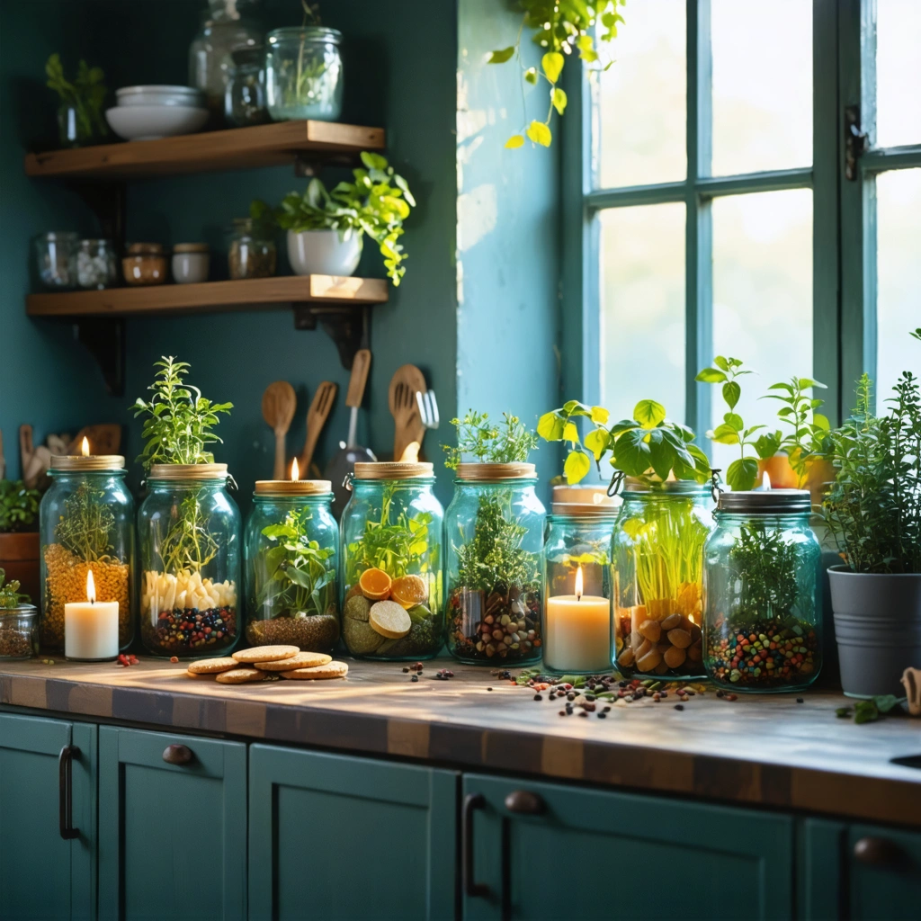 Plusieurs bocaux en verre réutilisés dans une cuisine, servant de rangement pour les aliments, d'herbier d'intérieur, de bougeoirs et de pots décoratifs, sur un plan de travail lumineux et chaleureux.
