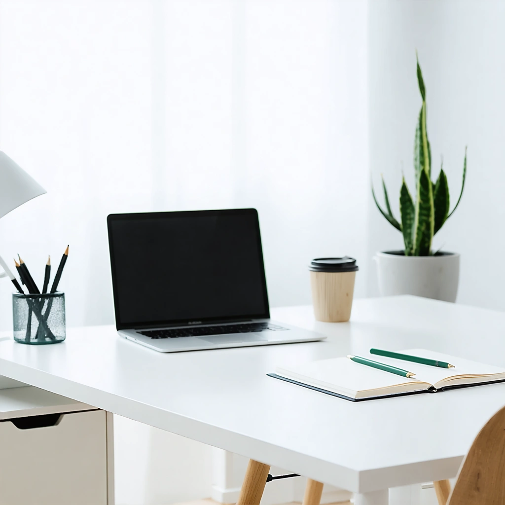 Bureau moderne et lumineux, bien rangé avec seulement l'essentiel, donnant une impression de calme et de productivité.