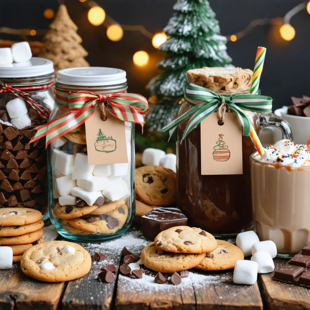 Des bocaux en verre remplis de préparations gourmandes maison comme mélange pour cookies, caramel au beurre salé et kit chocolat chaud, décorés avec rubans et étiquettes faites main sur une table en bois.