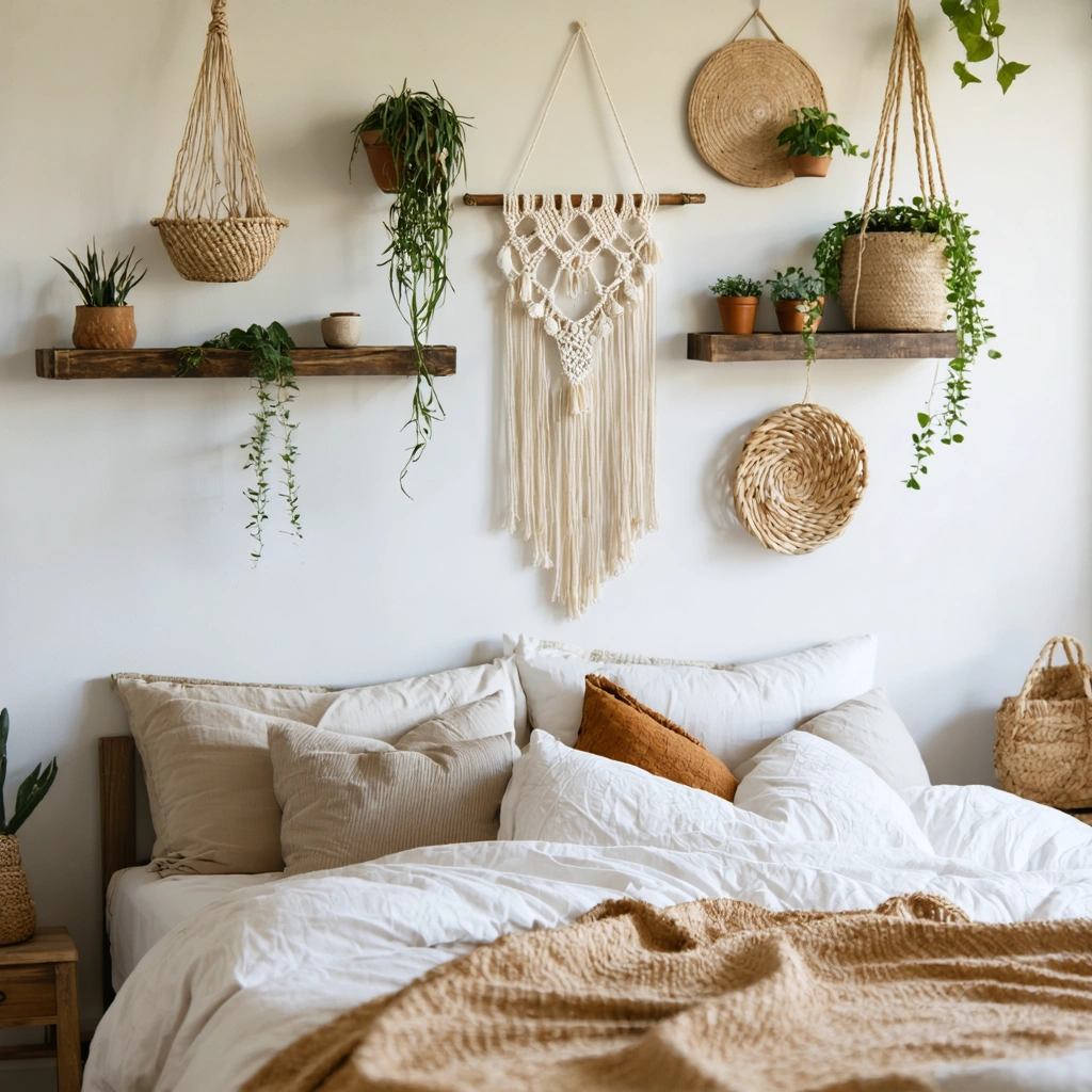 Décoration murale naturelle dans une chambre cocooning avec bois, macramé, paniers tressés et plantes sur des murs beige et blanc