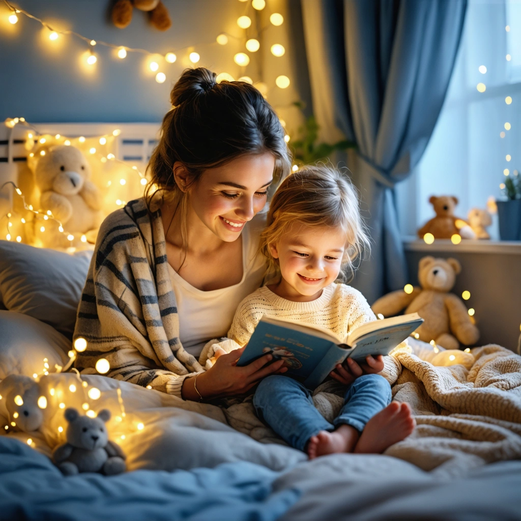 Une chambre d'enfant cosy et tamisée où une mère lit une histoire du soir à son enfant avant de dormir.