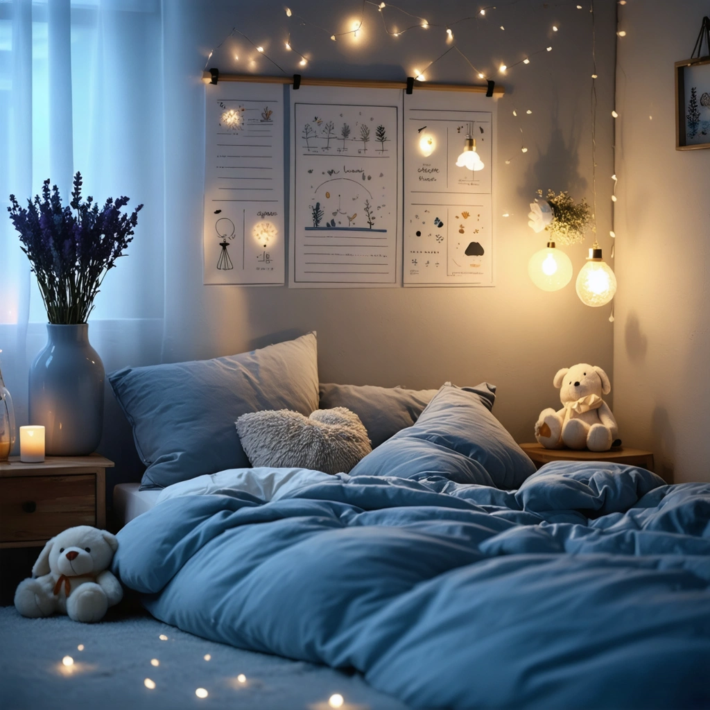 Chambre paisible avec une ambiance douce et un tableau illustrant la routine du coucher, idéale pour enfants et adultes.