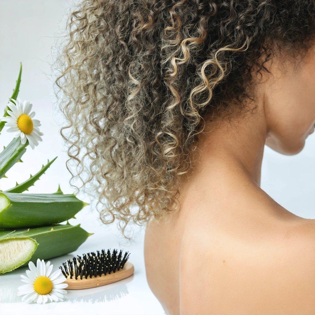 Gros plan artistique sur des cheveux fins légèrement emmêlés, posés à côté d'une brosse douce et d'ingrédients naturels comme l'aloe vera et la camomille, dans une ambiance lumineuse et apaisante.