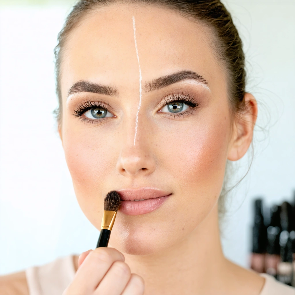 Femme souriante appliquant du maquillage de contouring sur son nez long devant un miroir avec un pinceau, ambiance naturelle et ludique.