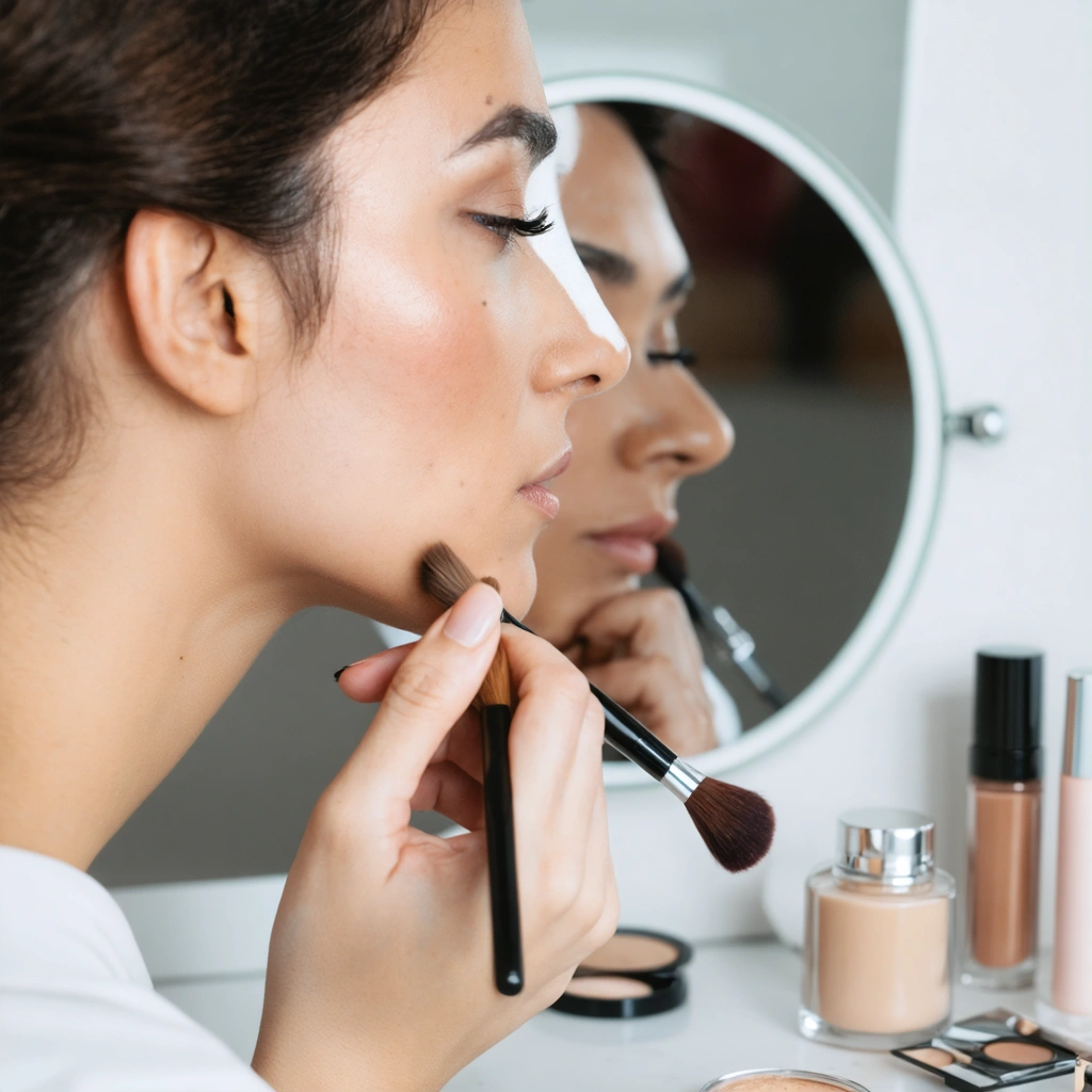 Personne en train de réaliser un contouring du nez devant un miroir, appliquant du maquillage avec un pinceau, sur une table de maquillage éclairée.