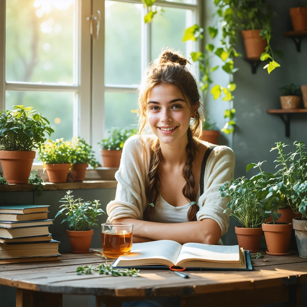 Jeune femme détendue révisant pour ses examens avec des plantes, une tisane, et une vue sur la nature, évoquant la sérénité et les remèdes naturels anti-stress.