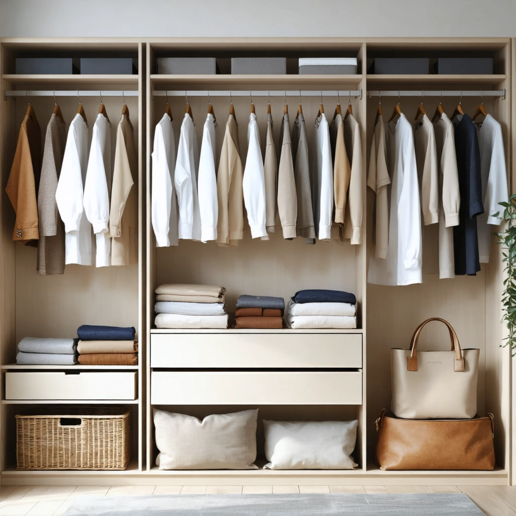 Dressing minimaliste avec dix vêtements essentiels soigneusement accrochés sur des cintres dans une armoire aérée et bien rangée, dans des tons neutres.