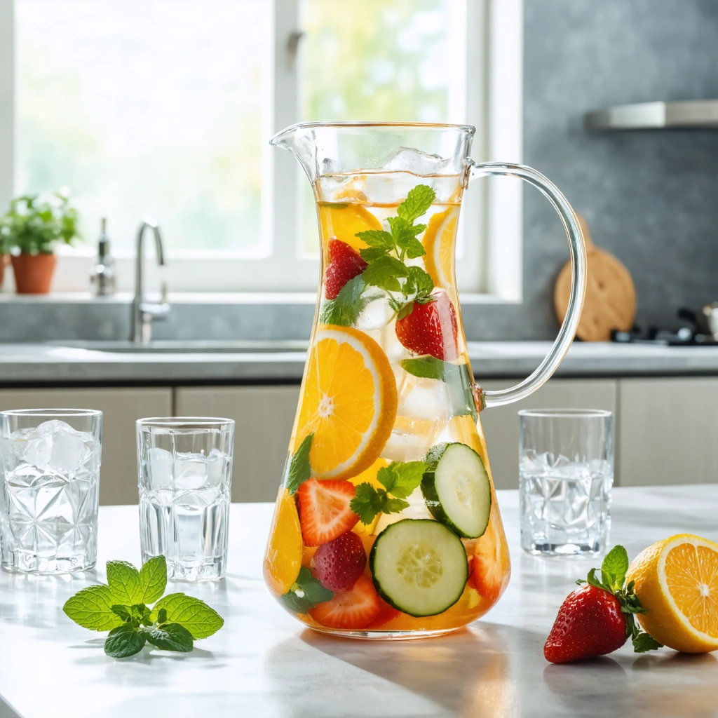 Carafe d'eau infusée aux fruits et légumes, tranches de citron, concombre, fraise et herbes fraîches sur une table lumineuse