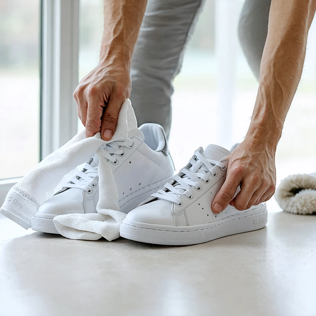 Personne en train de nettoyer et d’aérer des baskets blanches pour les garder propres et fraîches, avec une attention particulière portée à l’hygiène quotidienne des chaussures.