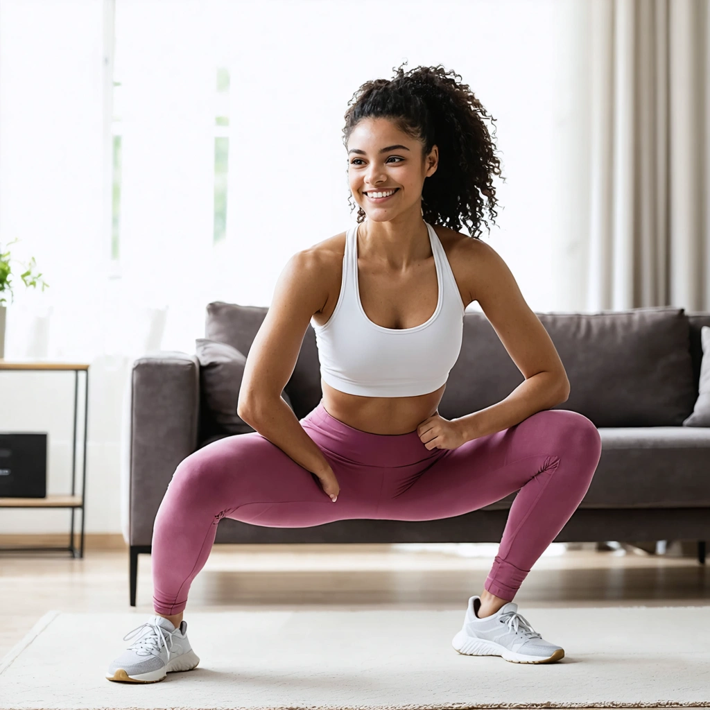 Une femme souriante en tenue de sport réalise un exercice cardio discret dans un salon calme, baigné de lumière.