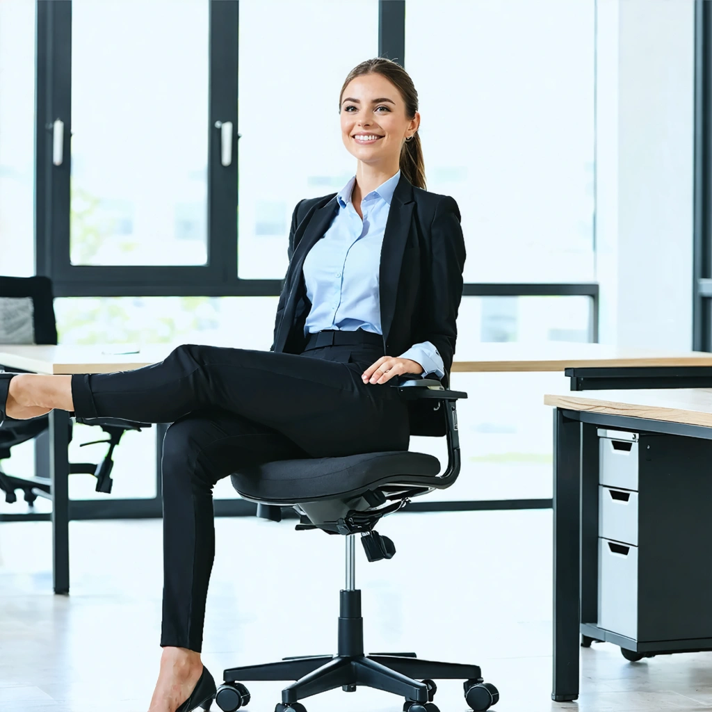 Une femme souriante en tenue de bureau réalise des exercices discrets de renforcement des fessiers et cuisses sur une chaise de bureau dans un environnement professionnel lumineux.