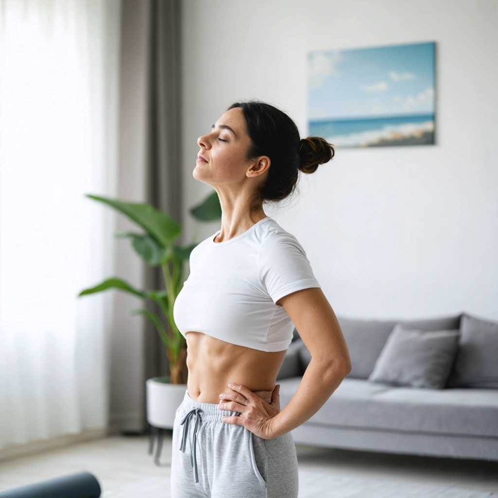 Une femme pratique des exercices d'abdos hypopressifs debout dans son salon, concentrée sur sa respiration et l'engagement de sa sangle abdominale, dans un environnement lumineux et apaisant.