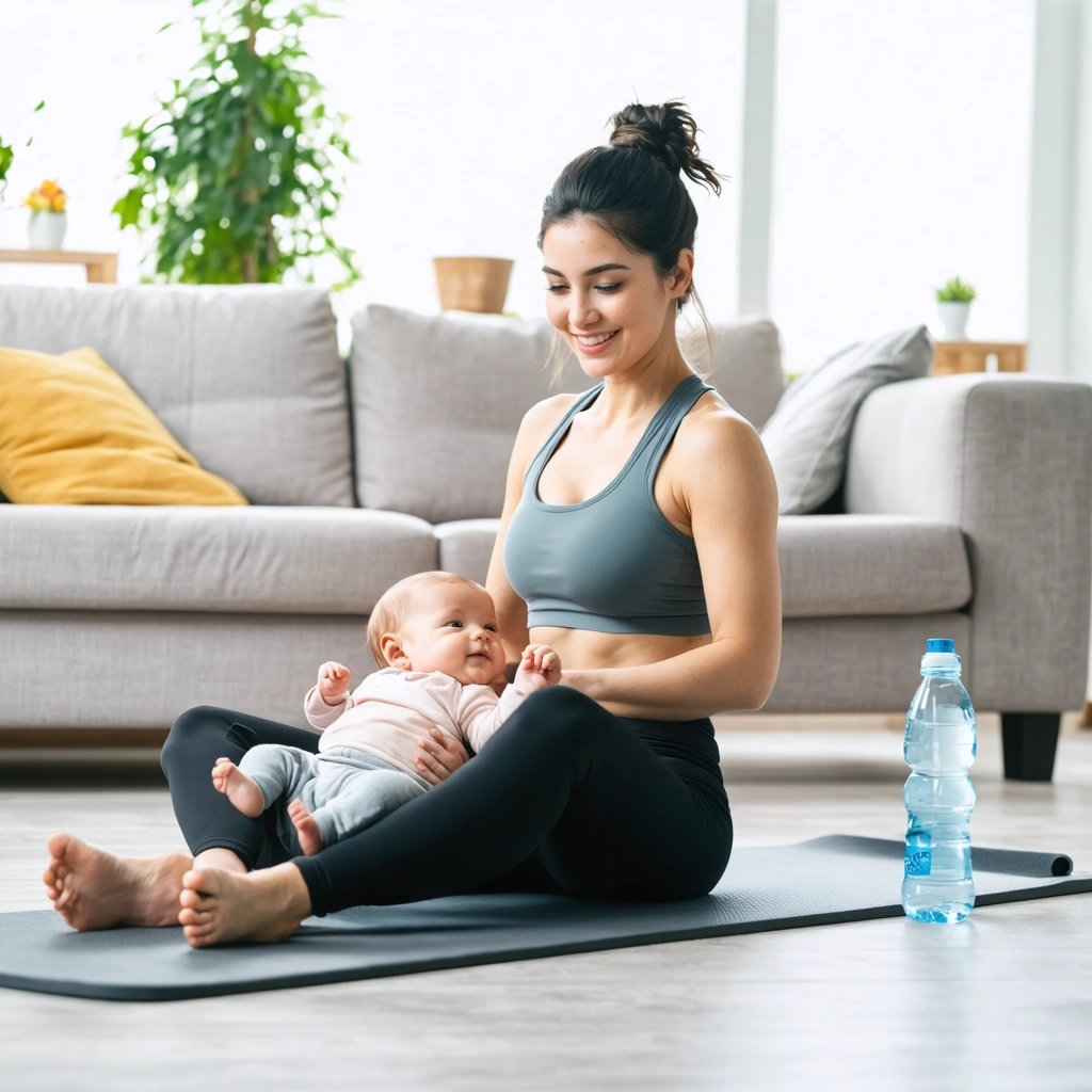 Jeune maman allaitante en train de s’étirer sur un tapis de sport chez elle, son bébé dormant à côté, dans une ambiance douce et motivante.
