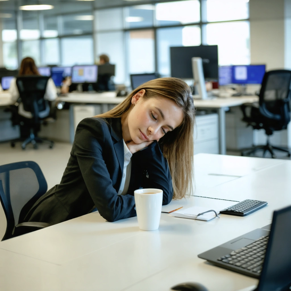 Femme en tenue professionnelle faisant une micro-sieste discrète sur son bureau au travail avec des collègues autour.