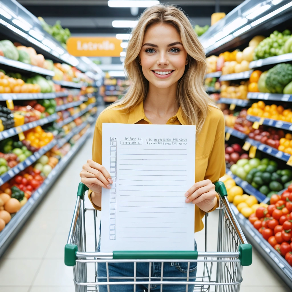 Femme souriante tenant une liste de courses organisée par rayons dans un supermarché lumineux, poussant un caddie rangé.