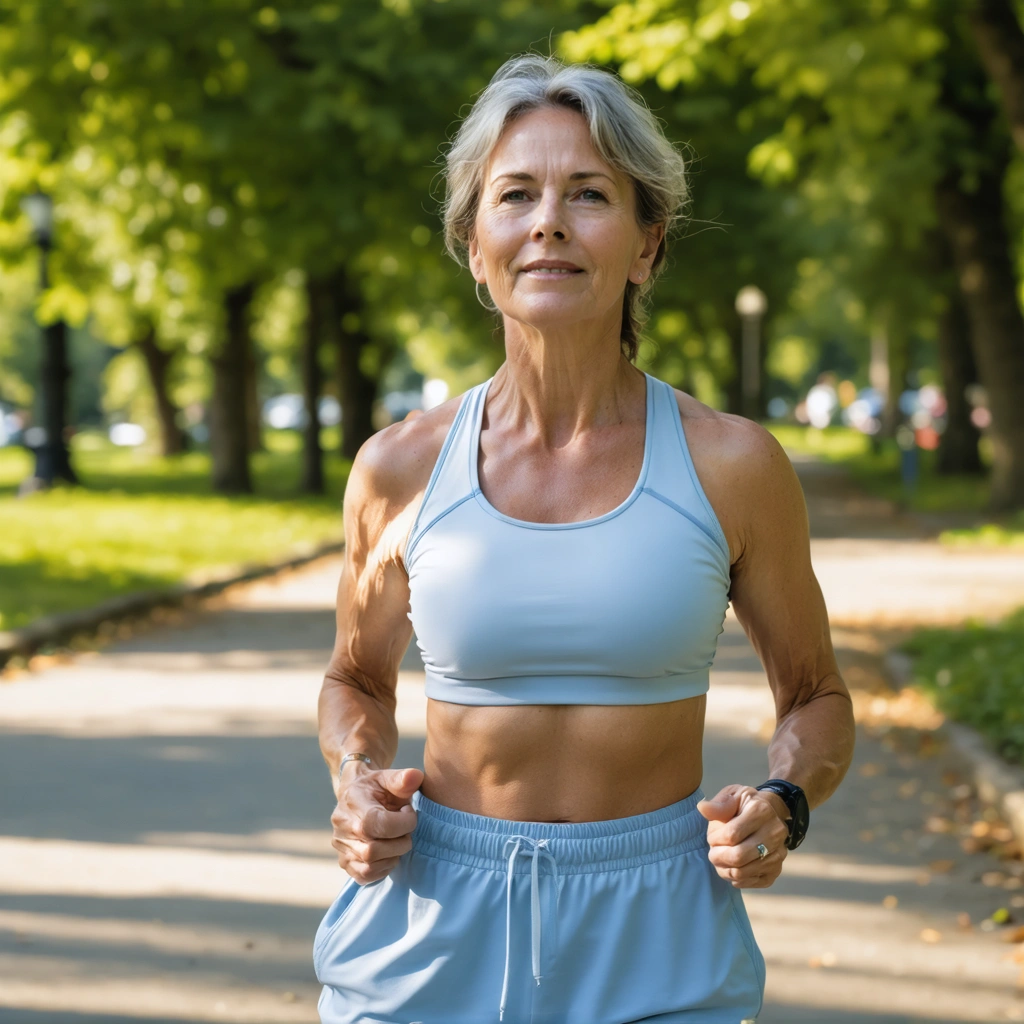 Femme d'une quarantaine d'années en tenue de sport, s'étirant paisiblement dans un parc, attentive à ses sensations corporelles pendant l'exercice.