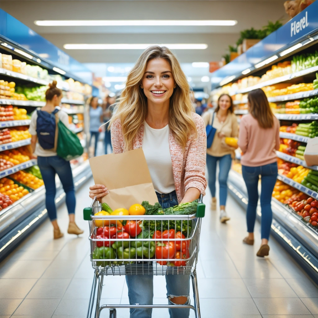 Femme souriante avec un chariot et une liste de courses traversant facilement les rayons du supermarché, exprimant organisation et sérénité.