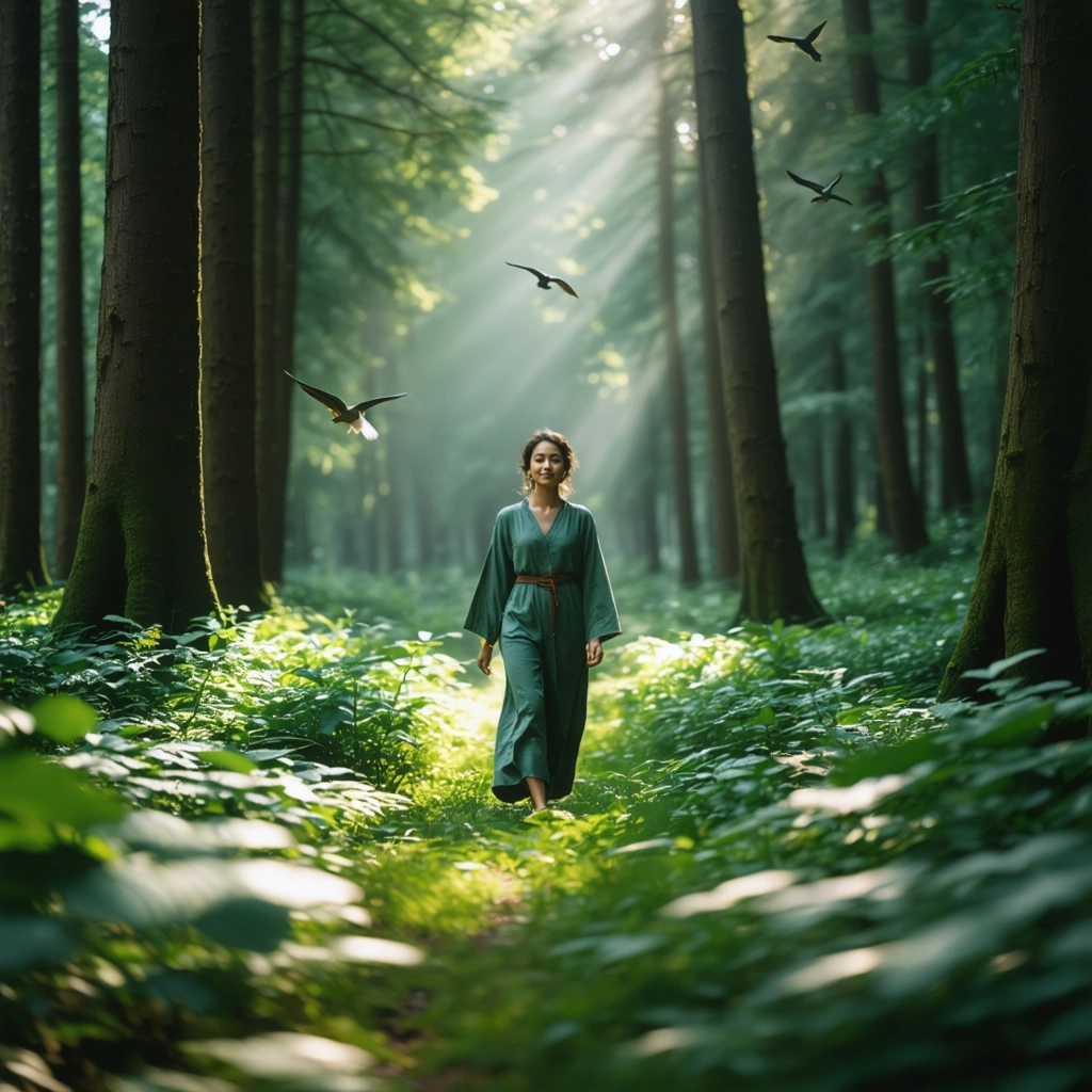 Une femme marche paisiblement en méditation dans une forêt, entourée d'arbres et baignée de lumière naturelle, écoutant les sons de la nature.