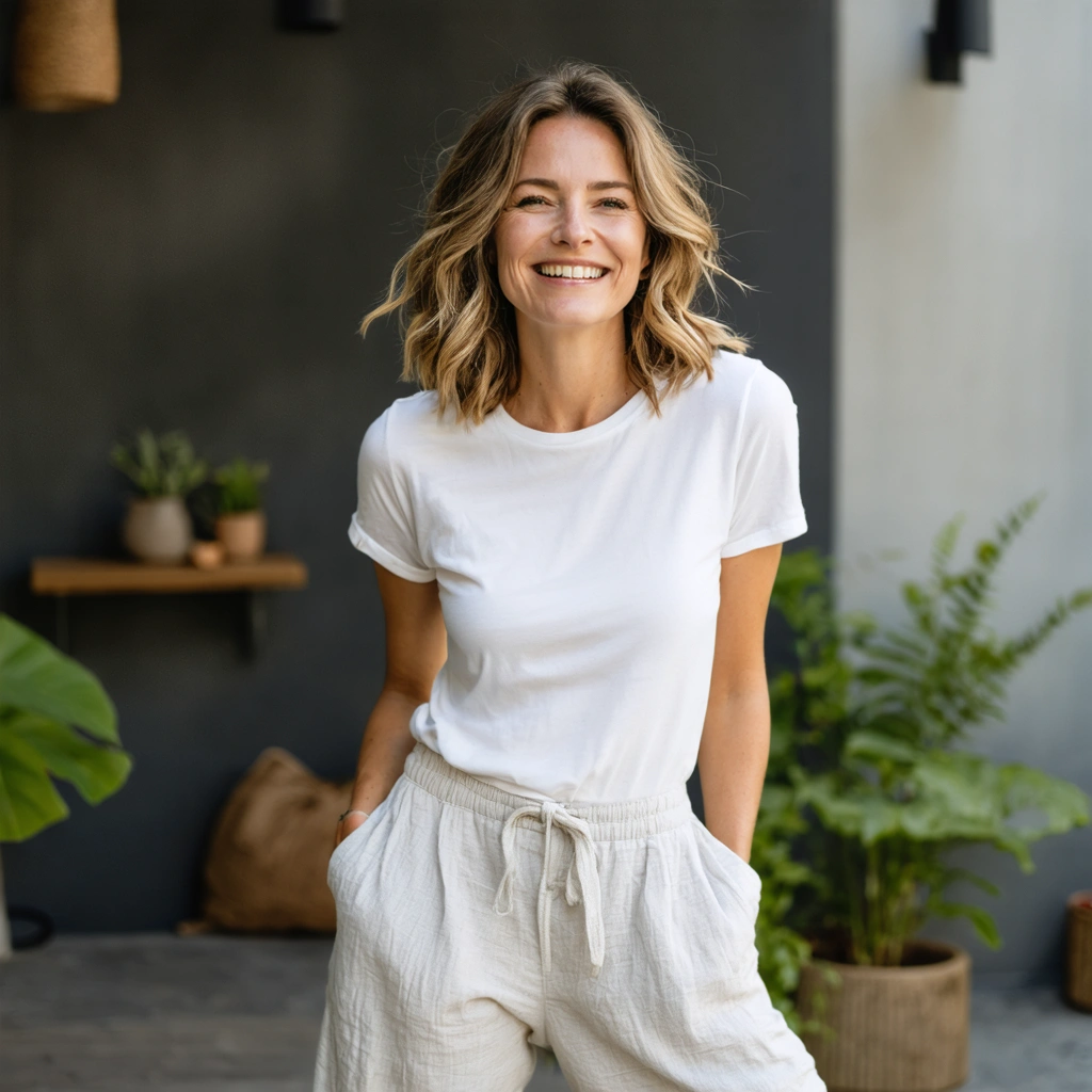 Femme souriante portant un pantalon large et fluide en lin et coton, dans un décor estival urbain, style confortable et décontracté.