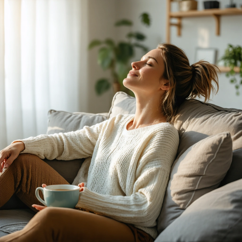 Une femme détendue, assise sur son canapé, pratique un exercice de relaxation musculaire progressive dans un salon chaleureux et lumineux.