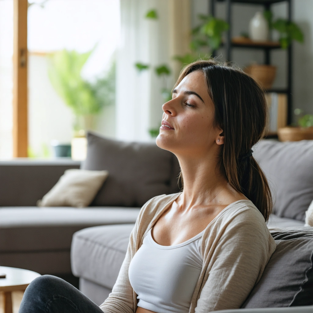 Une femme détendue pratique la respiration diaphragmatique dans son salon lumineux, illustrant le calme et la sérénité.