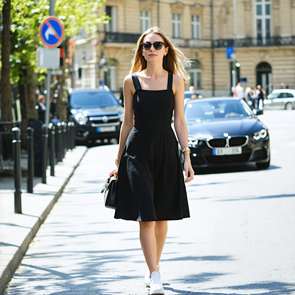 Femme souriante en robe noire et baskets blanches dans la rue, accessoirisée avec sac et lunettes, en plein jour.