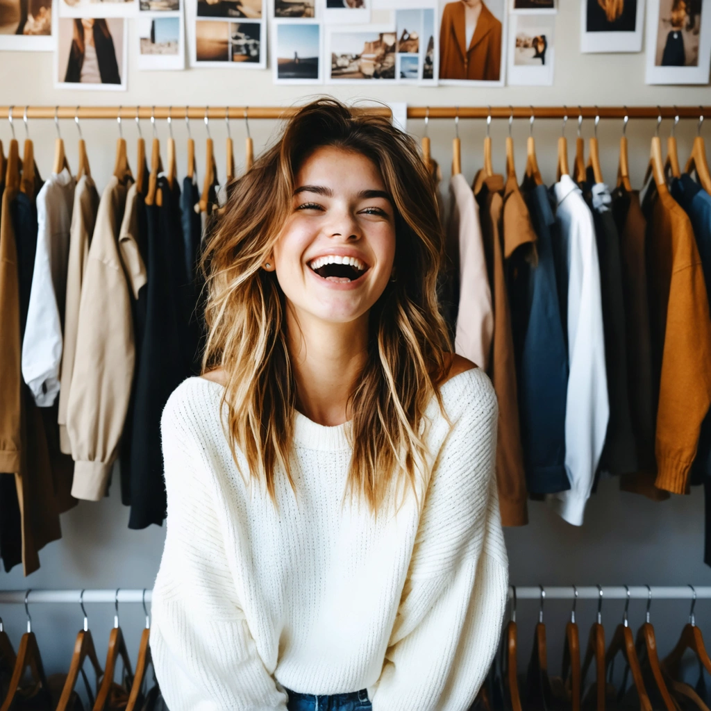 Femme souriante devant une armoire pleine de vêtements variés, des moodboards d'inspirations mode accrochés au mur autour d'elle.