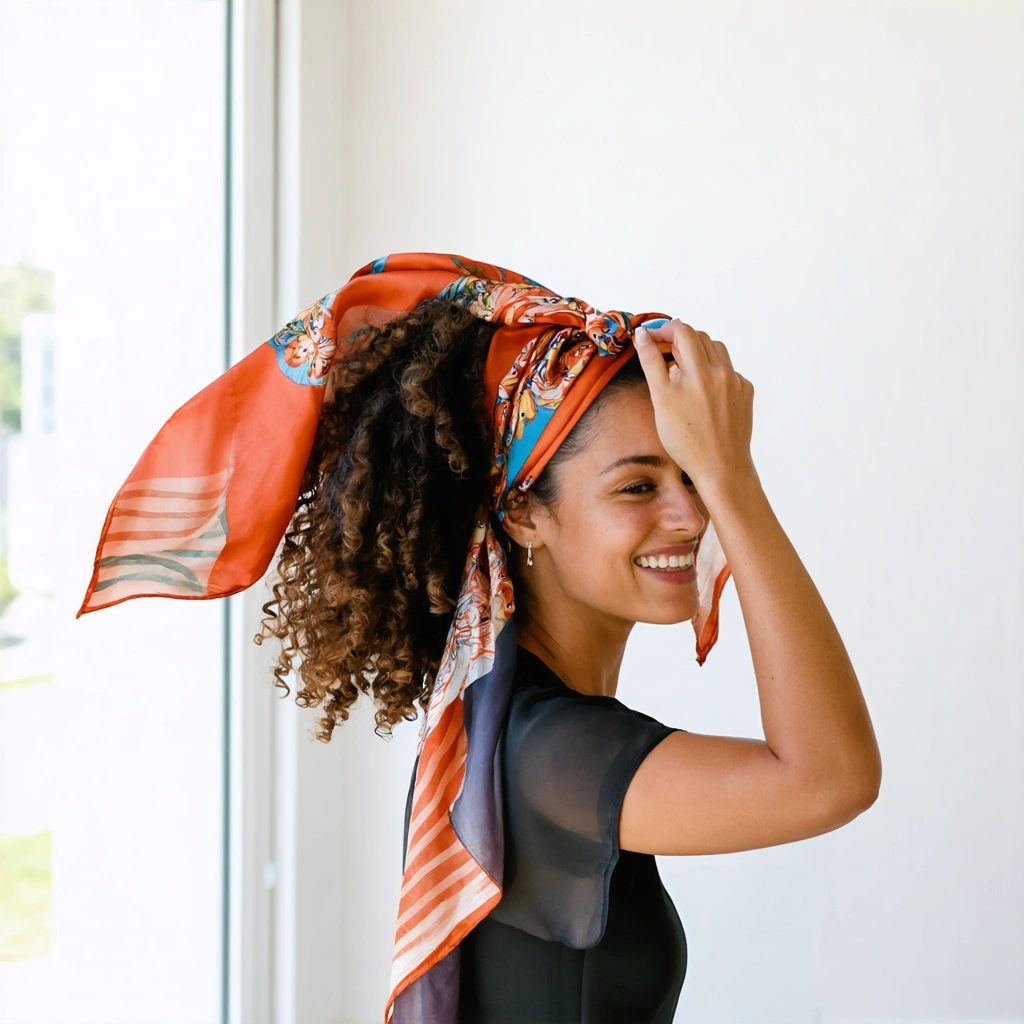 Femme souriante aux cheveux bouclés mi-longs nouant un foulard coloré dans sa coiffure, dans une pièce claire et moderne.