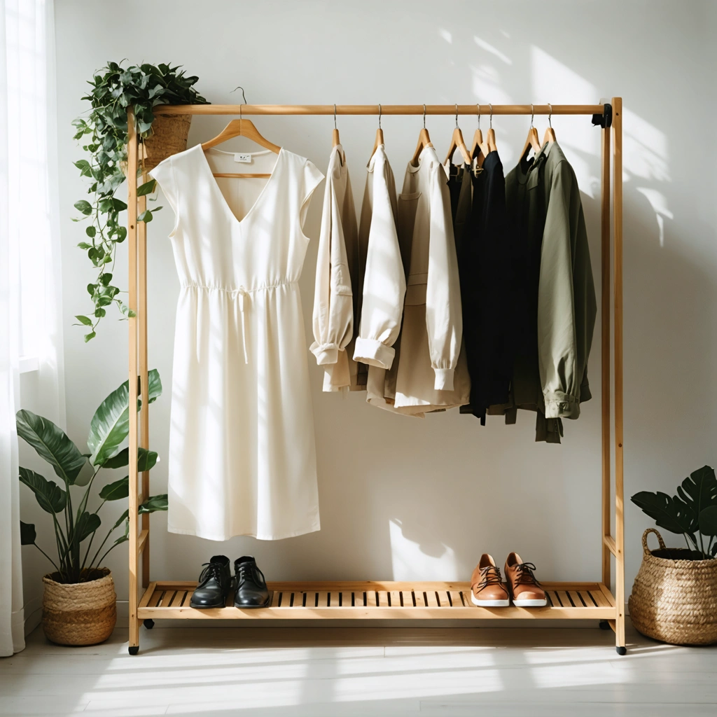 Cinq vêtements essentiels d'une garde-robe minimaliste femme printemps-été : robe polyvalente, pantalon fluide, top intemporel, veste légère et chaussures écologiques sur un portant en bois.