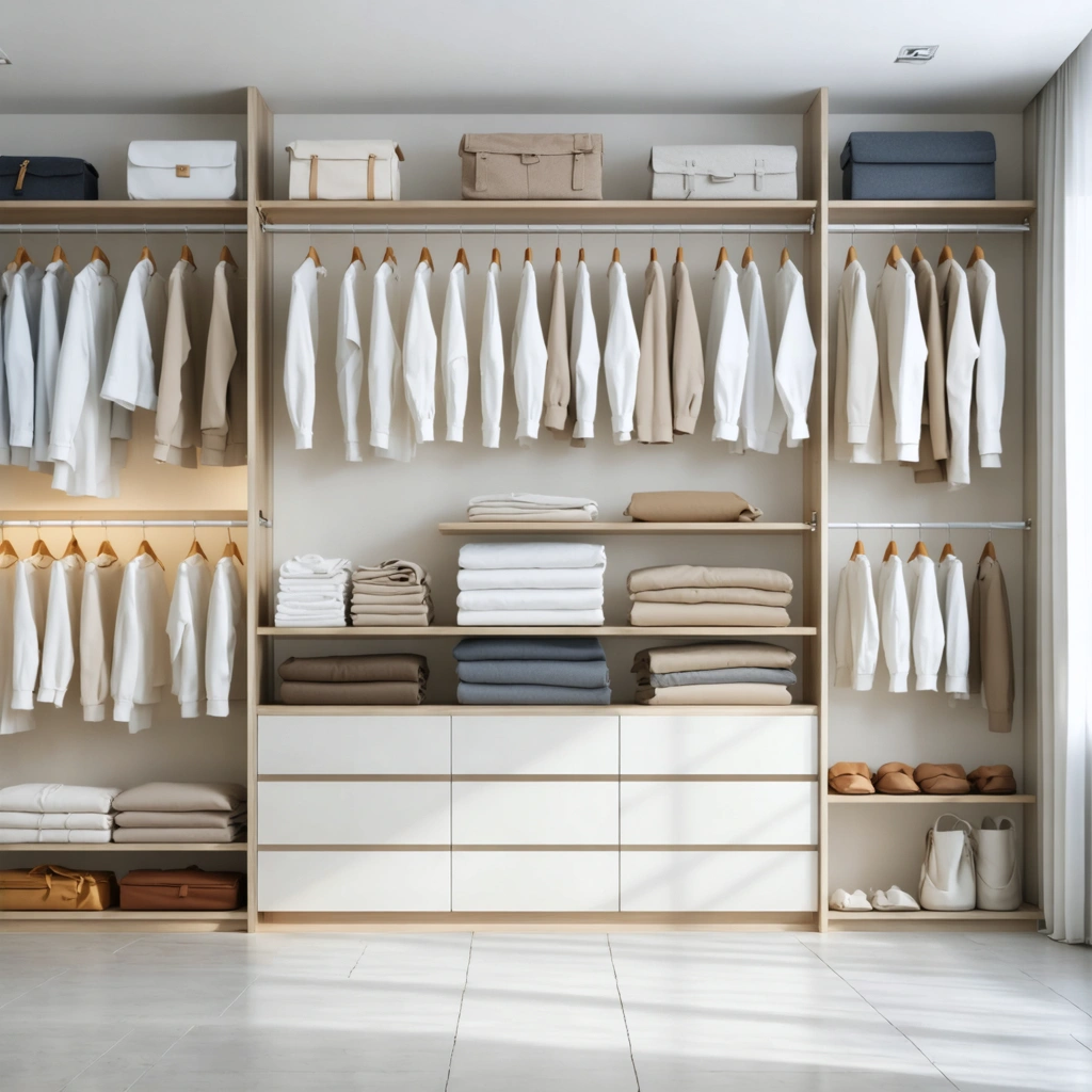 Une garde-robe minimaliste et lumineuse contenant quelques vêtements bien rangés, reflétant une ambiance épurée, moderne et élégante, sans personne visible.
