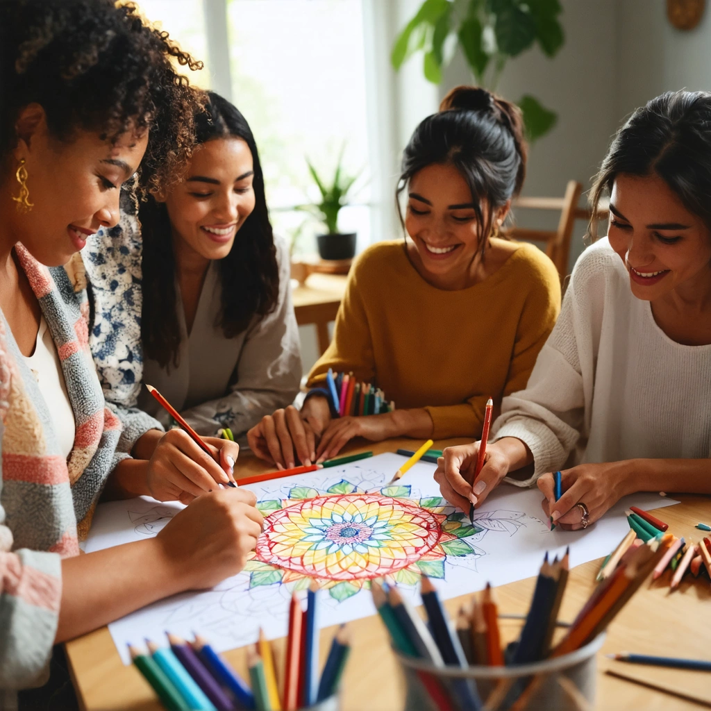 Groupe de femmes de tous âges assises autour d'une table et coloriant ensemble des mandalas dans une ambiance conviviale et apaisante, avec des crayons de couleur et une lumière naturelle.