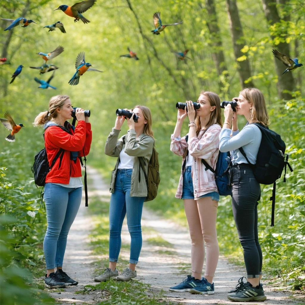 Un groupe de femmes débutantes observe des oiseaux colorés avec des jumelles et des carnets dans une forêt ensoleillée