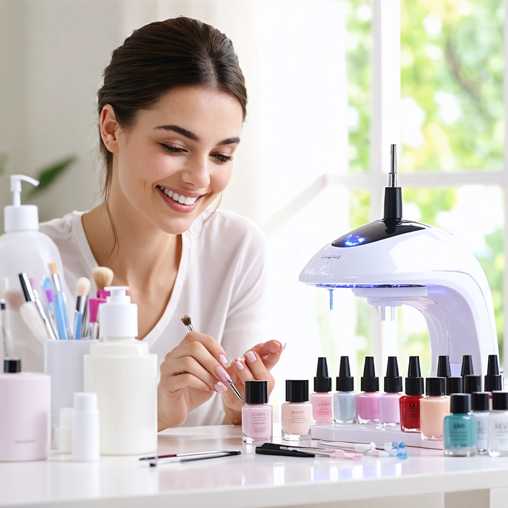 Une femme applique du vernis effet gel sans lampe UV à la maison, entourée de flacons et d’accessoires de manucure sur une table lumineuse.