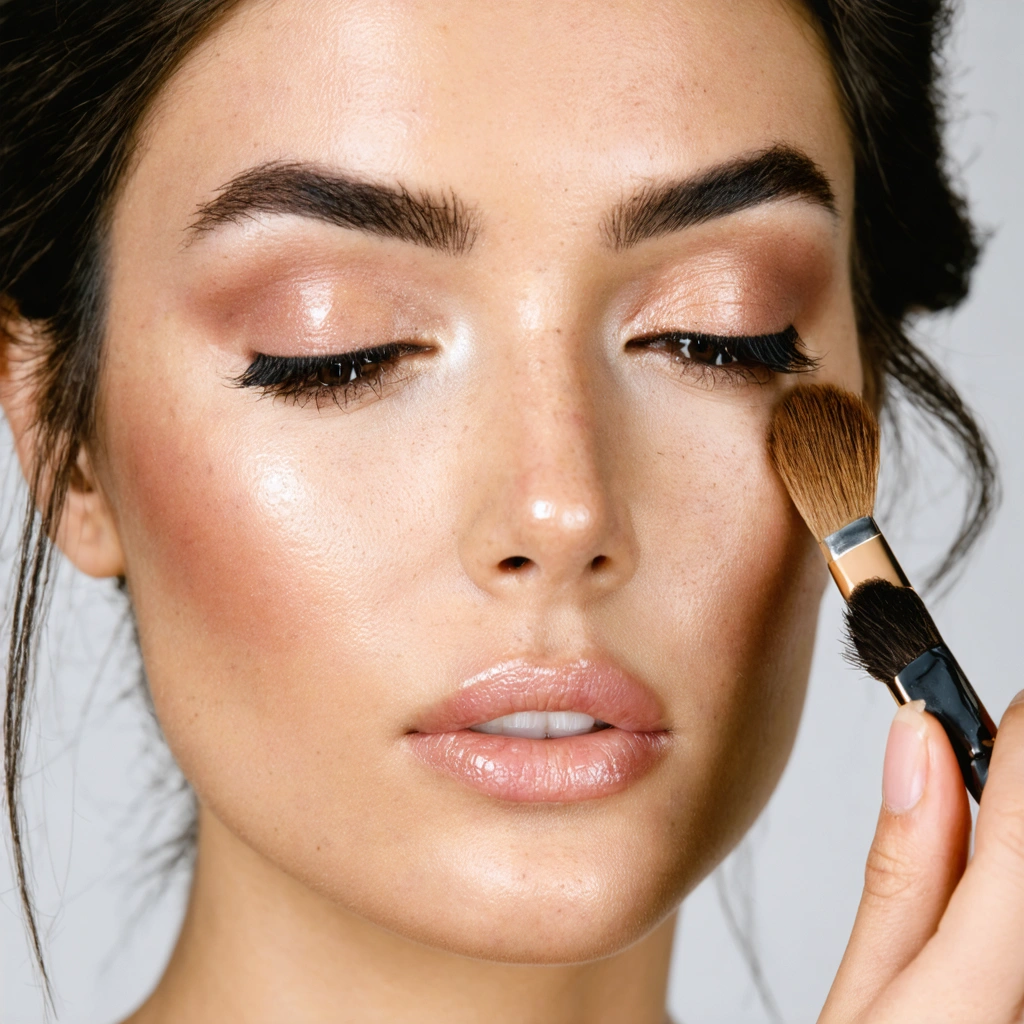 Femme appliquant du maquillage pour rehausser des yeux tombants, accentuant le regard avec des couleurs claires et une touche lumineuse.