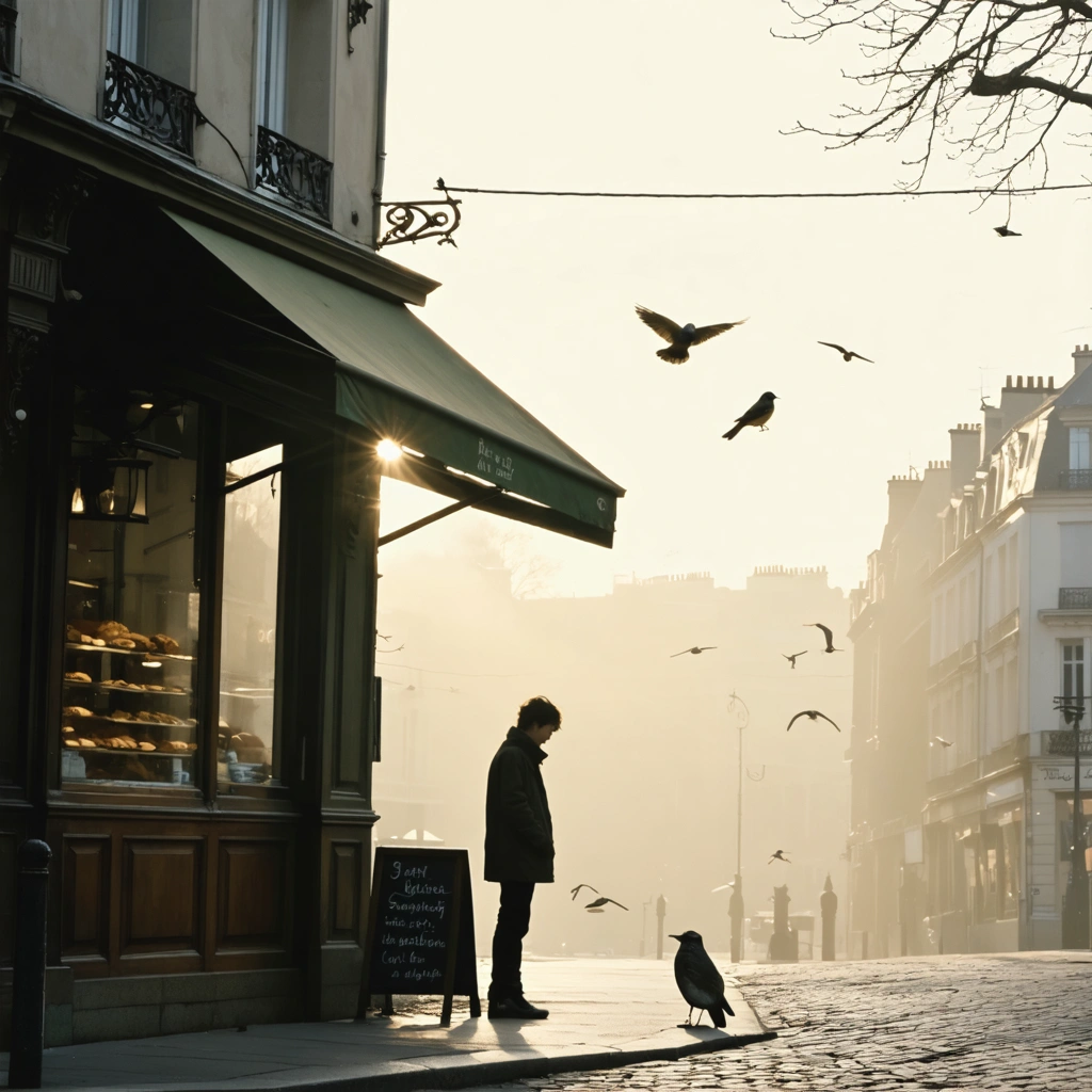 Une personne devant une boulangerie au lever du soleil, entourée d’oiseaux matinaux, dans une ambiance calme et douce.