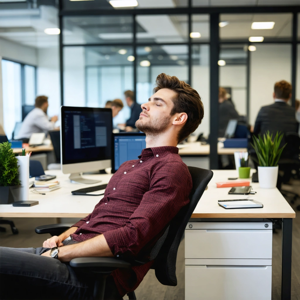 Une personne professionnelle fait une micro-sieste assise à son bureau dans un open space moderne, entourée de collègues qui continuent de travailler, illustrant un moment de repos discret au travail.