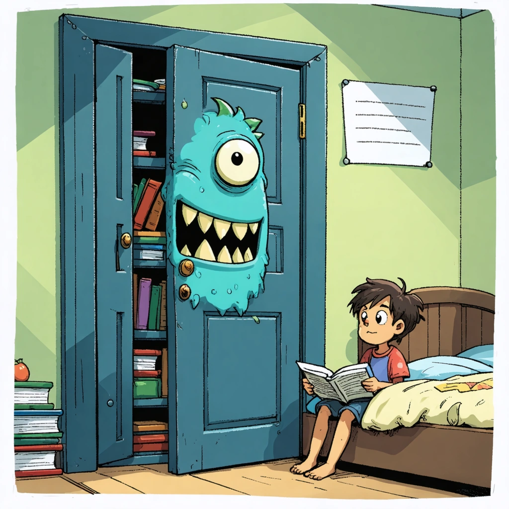 Un étudiant assis près d'une armoire entrouverte d'où émerge un monstre sympathique et cartoon, symbolisant le stress des examens, dans une ambiance à la fois drôle et bienveillante.