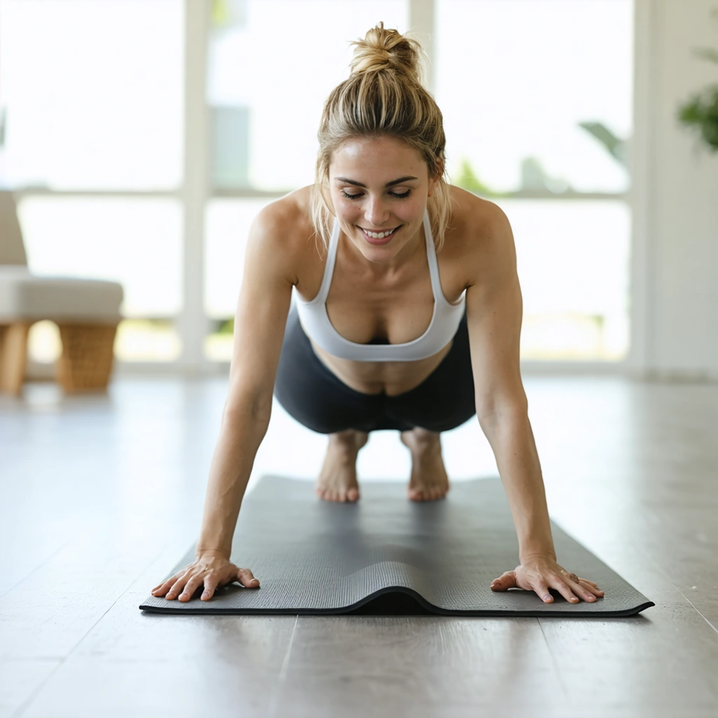 Femme après l'accouchement réalisant une planche modifiée à quatre pattes sur un tapis de yoga, dans un environnement calme et apaisant.