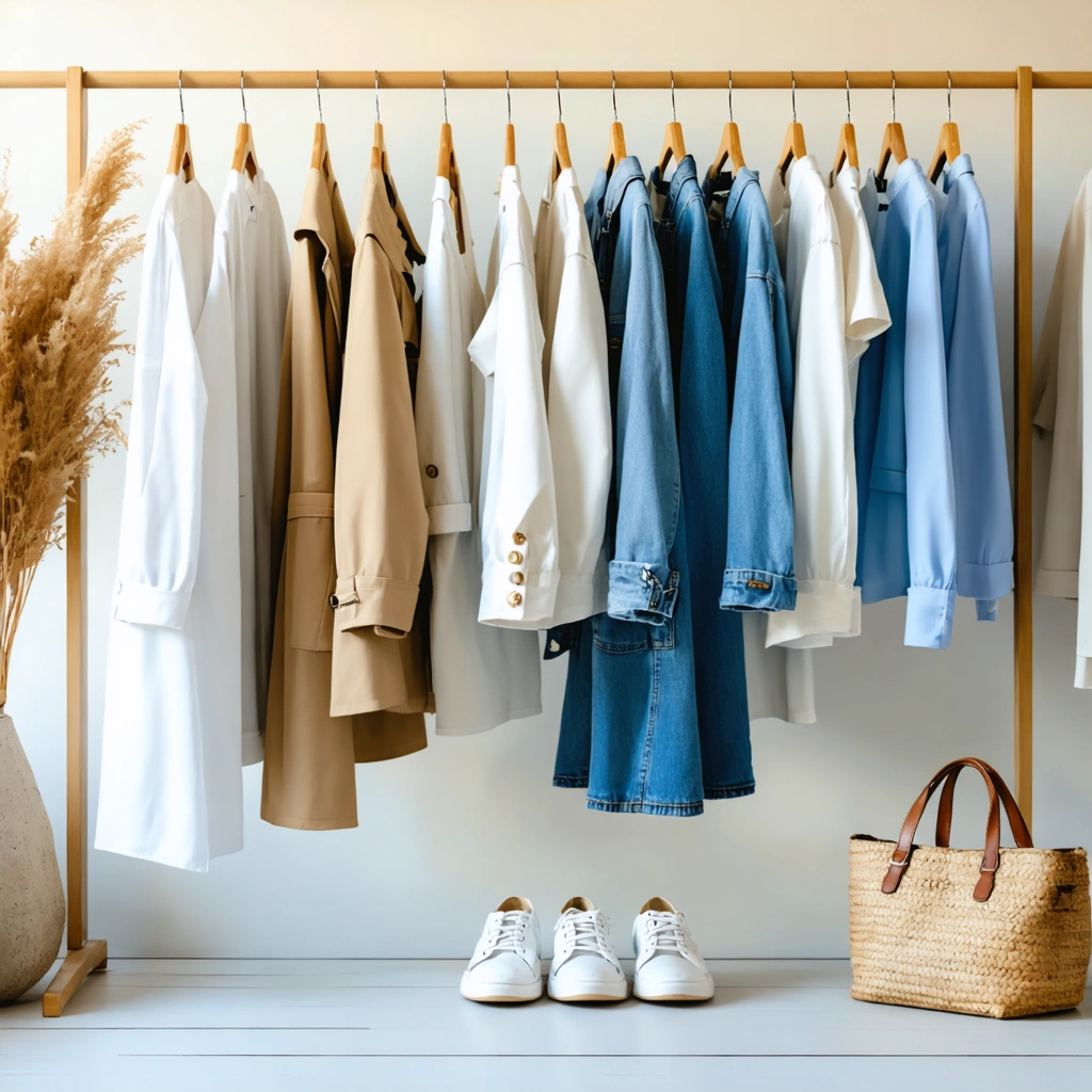 Dressing minimaliste de printemps avec dix vêtements essentiels suspendus et accessoires bien rangés dans une ambiance lumineuse et moderne