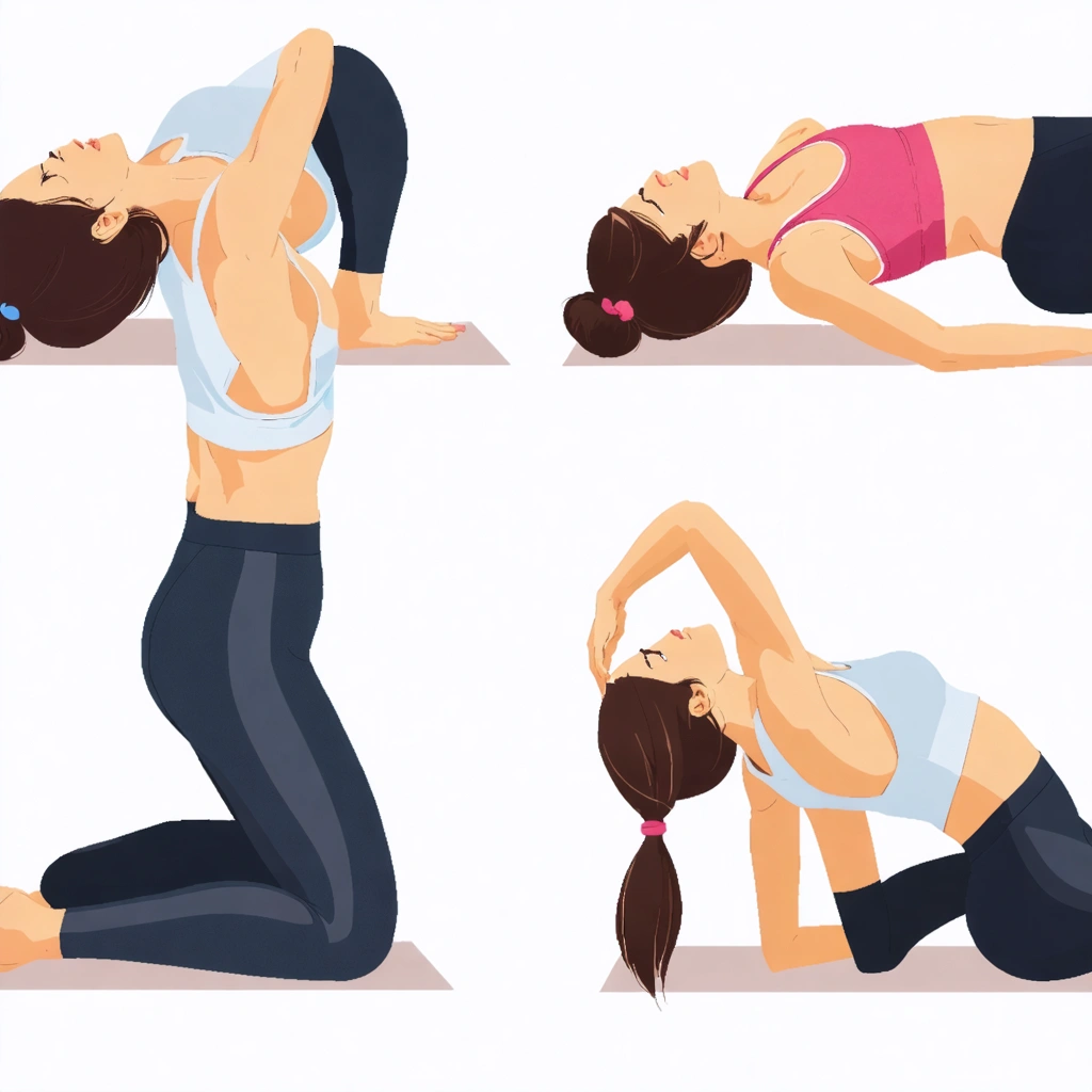 Quatre femmes réalisant des exercices de mobilité au sol dans un salon : bascule du bassin, position du chat, pont et rotation des genoux, chacune sur son tapis de sport dans une atmosphère détendue.