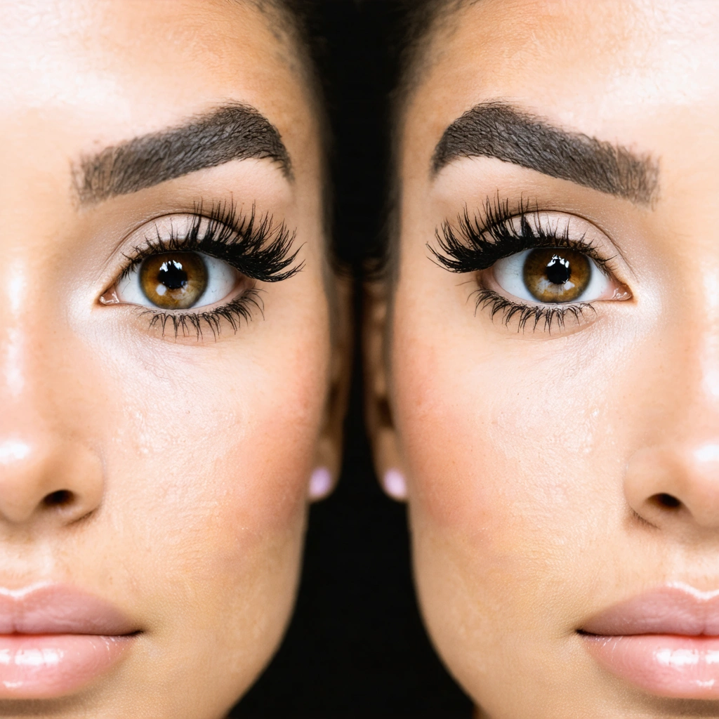 Portrait en gros plan d'une femme mettant en valeur ses sourcils naturels et bien dessinés, légèrement arqués vers le haut pour souligner l'expression de ses yeux, avec un maquillage discret et une ambiance douce.