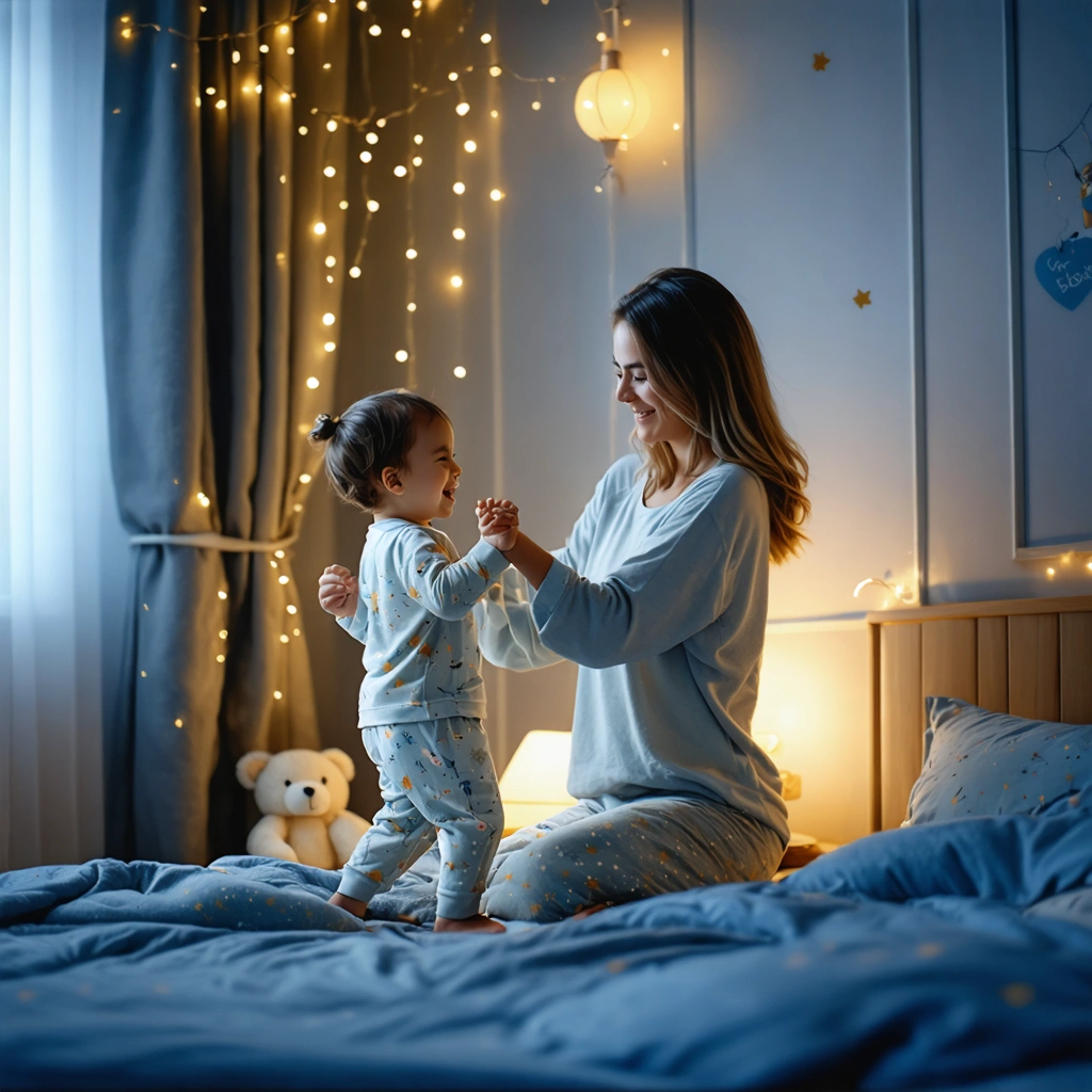 Un parent et un enfant dansent ensemble dans une chambre d’enfant apaisante le soir, avec une lumière douce, des jouets rangés et une ambiance chaleureuse, juste avant le coucher.