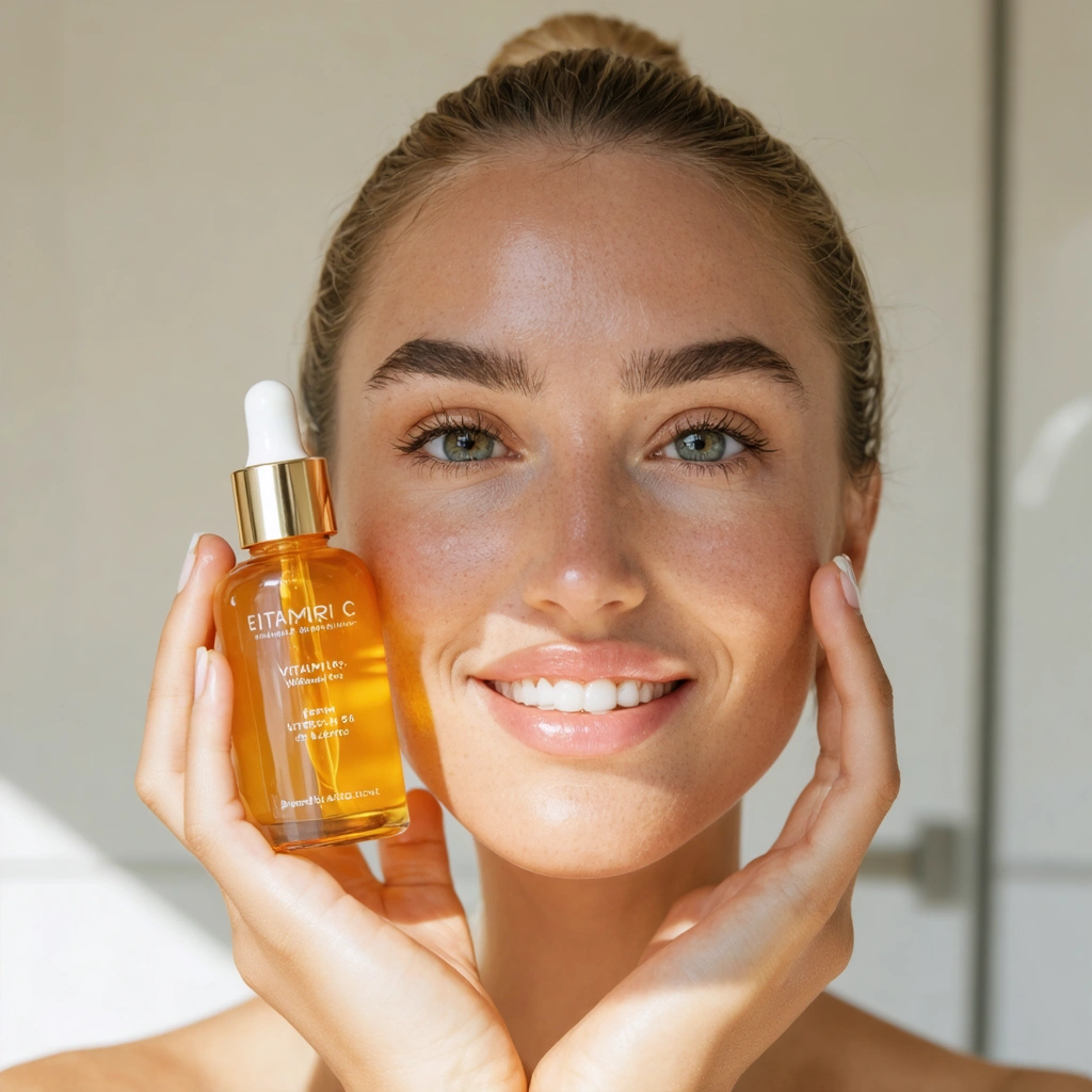 Flacon de sérum à la vitamine C tenu par une femme, prêt à être appliqué sur un visage lumineux.