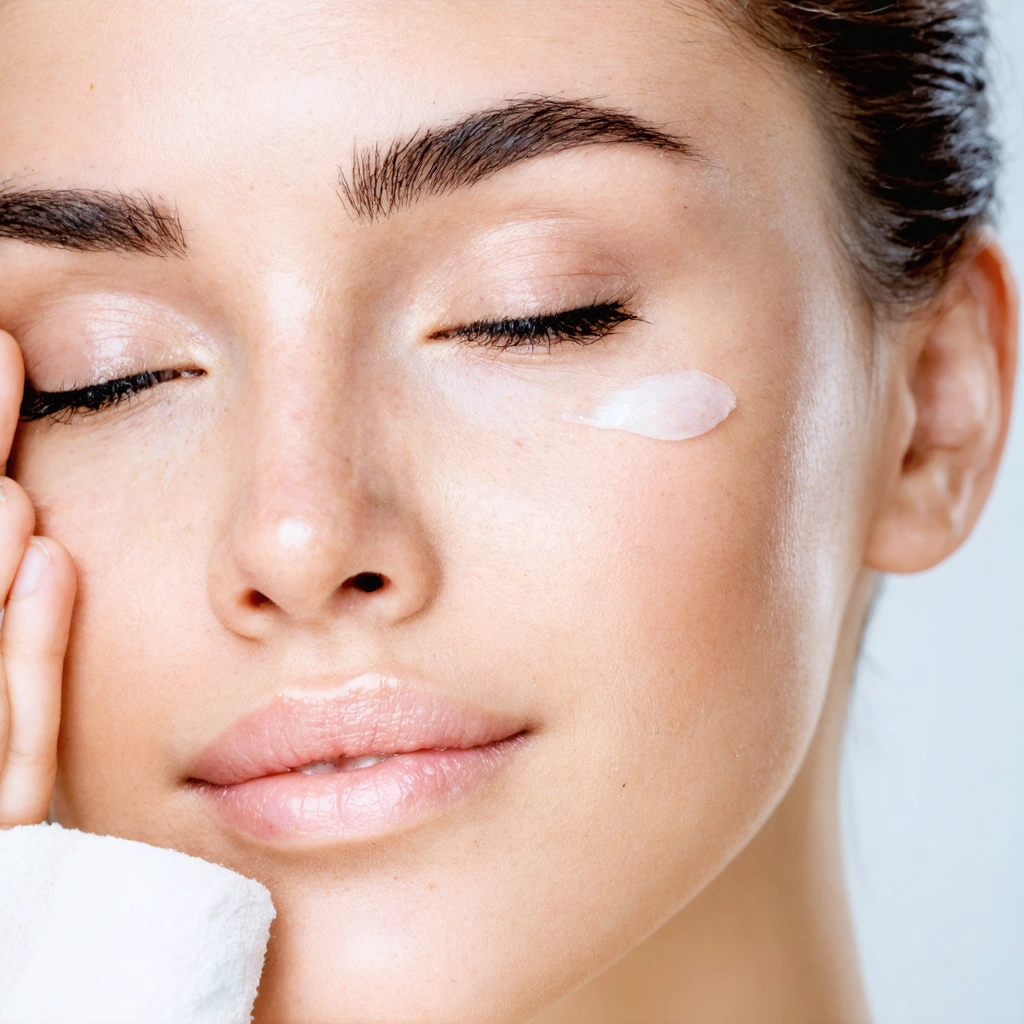 Une femme applique délicatement une crème ou un gel apaisant sur le contour de ses yeux, illustrant le soin de cette zone sensible lors d'une crise de rosacée.