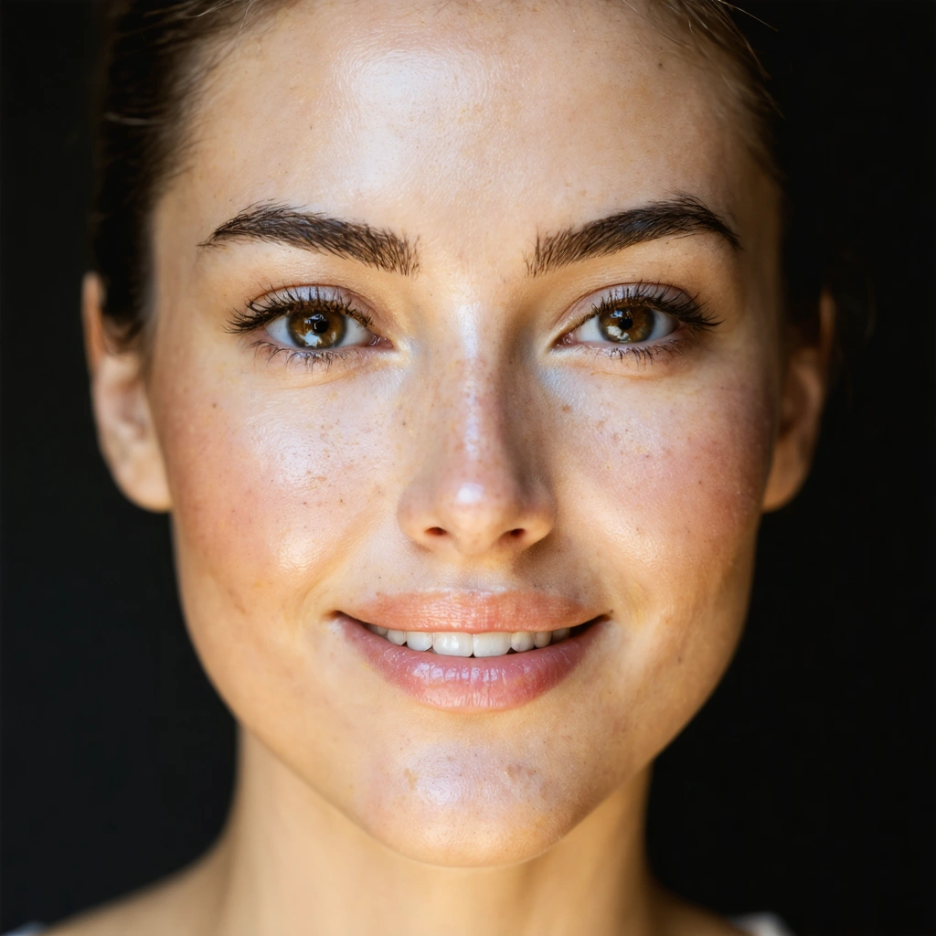 Femme souriante avec une peau lumineuse montrant des petites taches s'estompant, illustrant l'effet de la vitamine C sur la régularité des soins.