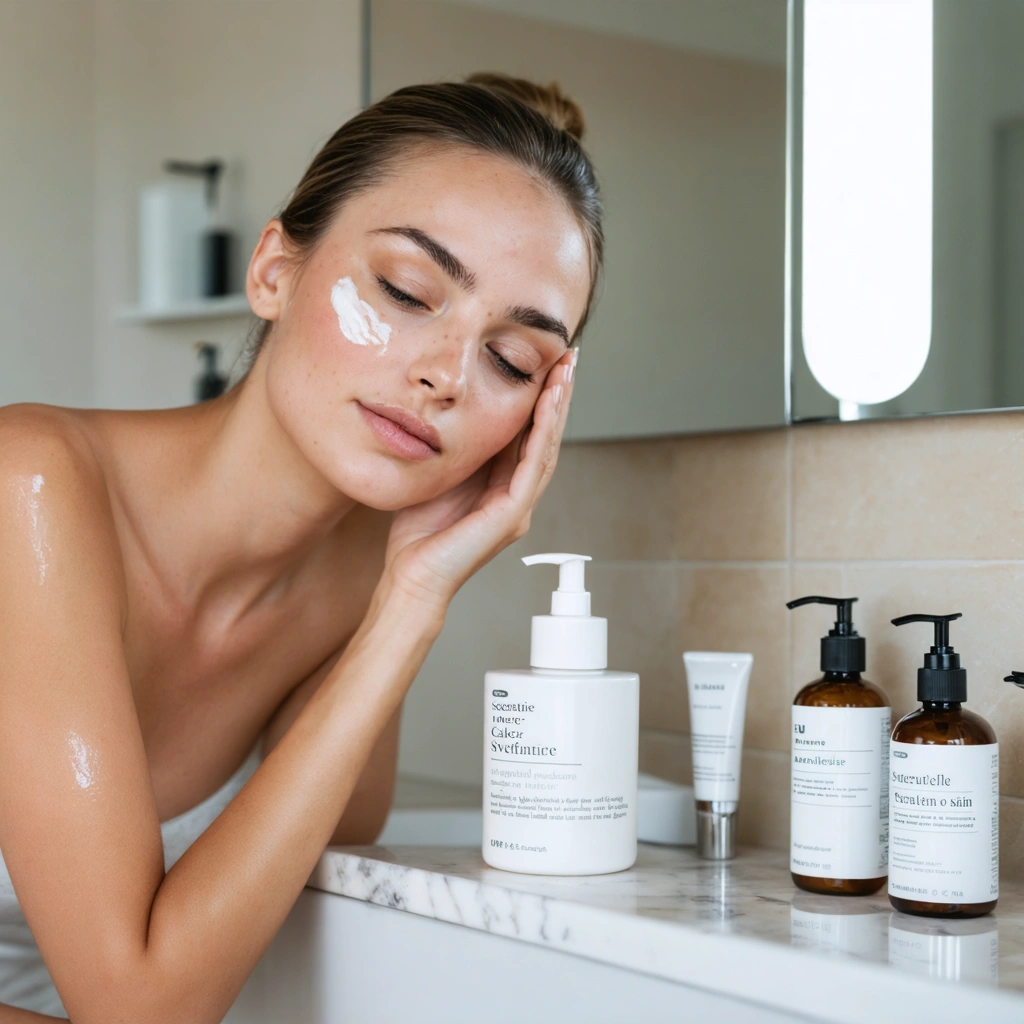 Femme à la peau sensible appliquant une crème apaisante sur son visage dans une salle de bain, entourée de produits adaptés pour la rosacée